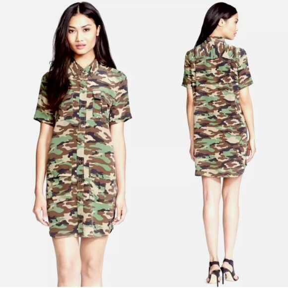 Equipment Dresses & Skirts - Equipment Femme 100% Silk Shirt Dress Remy Utility Pockets Camo Camouflage Small